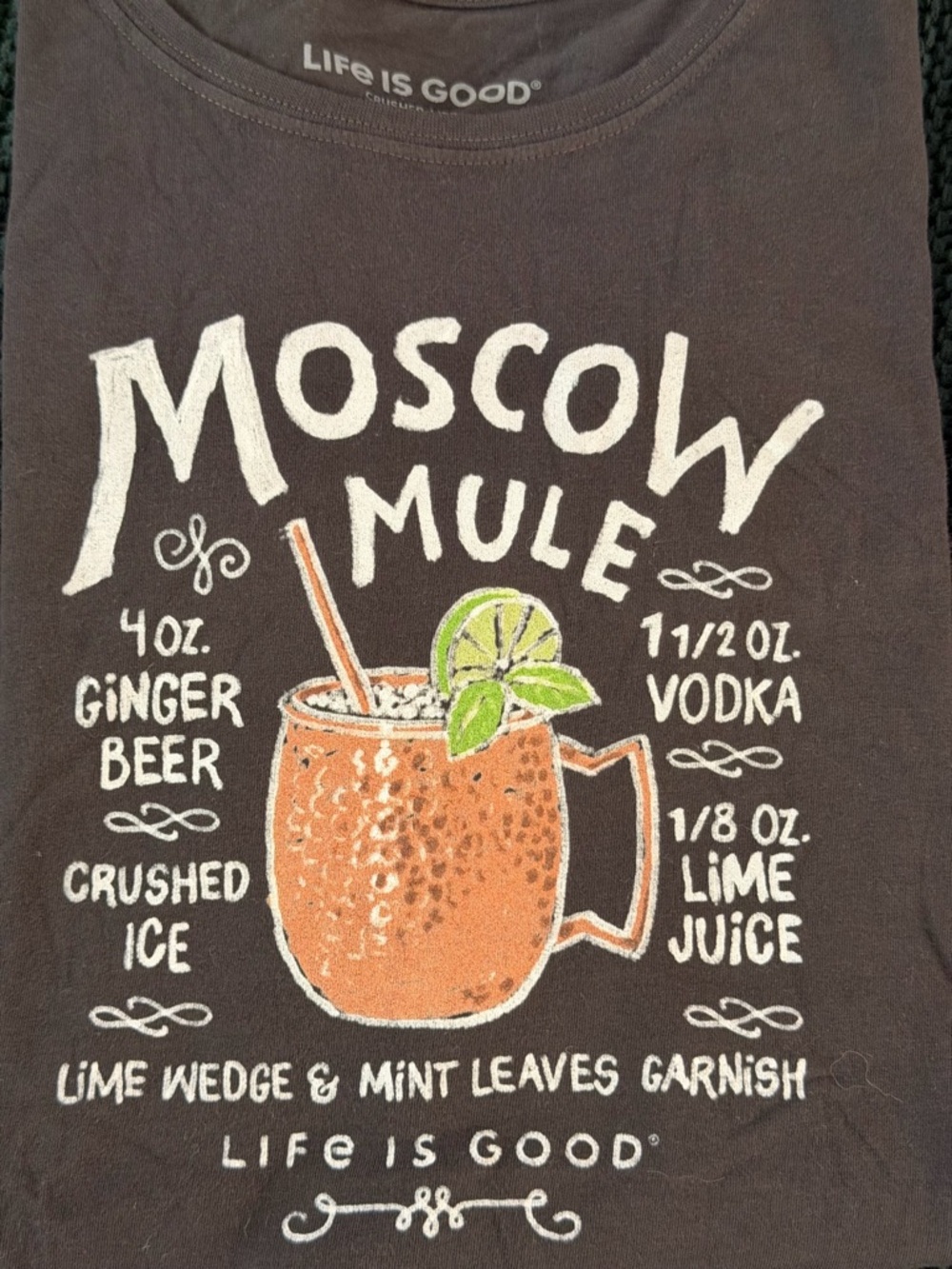 100% Cotton Life Is Good Dark Brown Tee with Orange Copper Mug and Lime